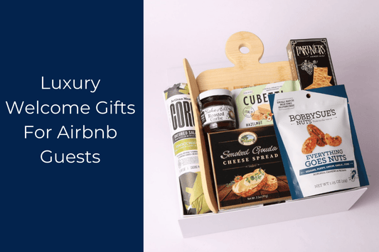 luxury welcome gifts for airbnb guests and corporate travel. Custom designed featuring local snacks and keepsakes.