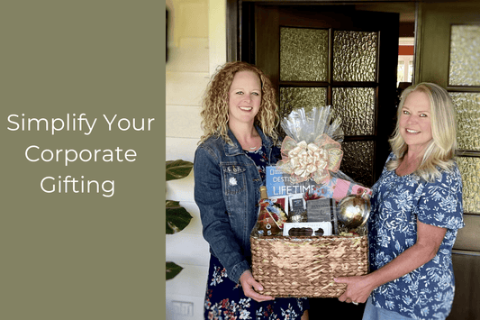 Veronica and Lisa, mother-daughter owners of Apple Blossom Gift Baskets, holding a beautifully arranged gift basket. Blog title: "Effortless Corporate Gifting with Personalized, Made-in-WA Gifts