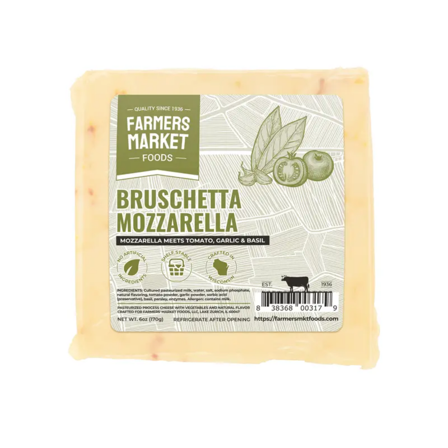 6 oz block of artisan Wisconsin mozzarella blended with sun-dried tomato, basil, and garlic. Shelf-stable, non-GMO, gluten-free, keto- and paleo-friendly. Perfect for antipasto platters, entertaining, or gourmet gift baskets.