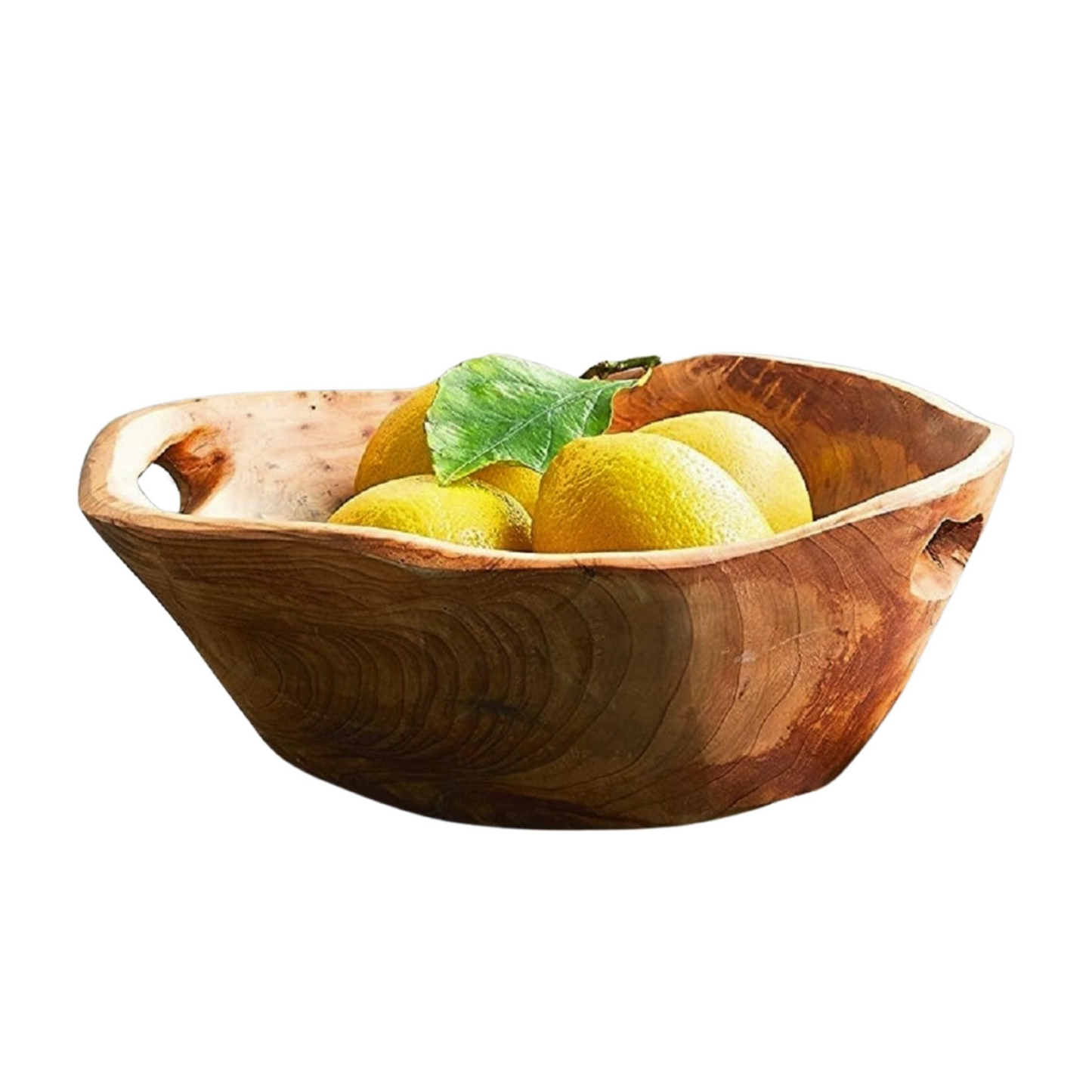 Medium hand-carved wooden bowl, 9–11" diameter, 3–5" tall. Made from reclaimed fir root with food-safe finish. Perfect for fruit, salad, bread, or as a gift basket container.