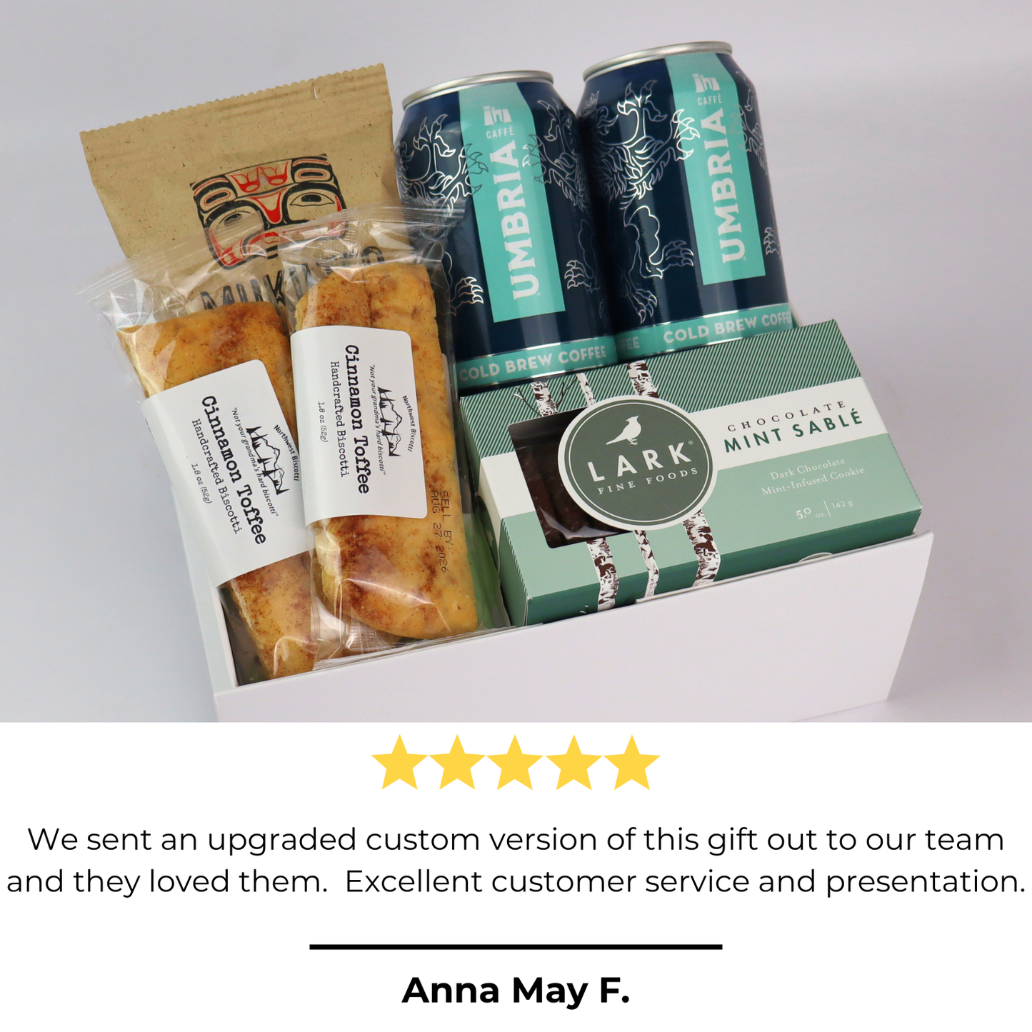 holiday cold brew gift box featuring Seattle made coffee and Pacific Northwest biscotti. The perfect team gift