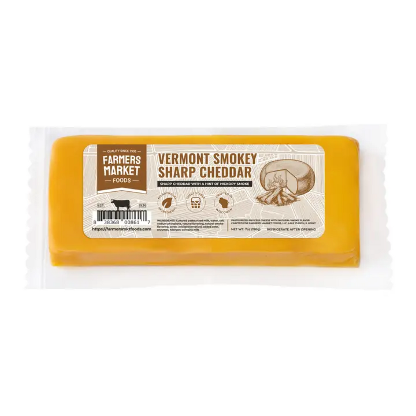 Smokey sharp Vermont cheddar, 7 oz block. Shelf-stable, non-GMO, gluten-free cheese. Perfect for wine gift baskets, charcuterie, or holiday snack boxes.