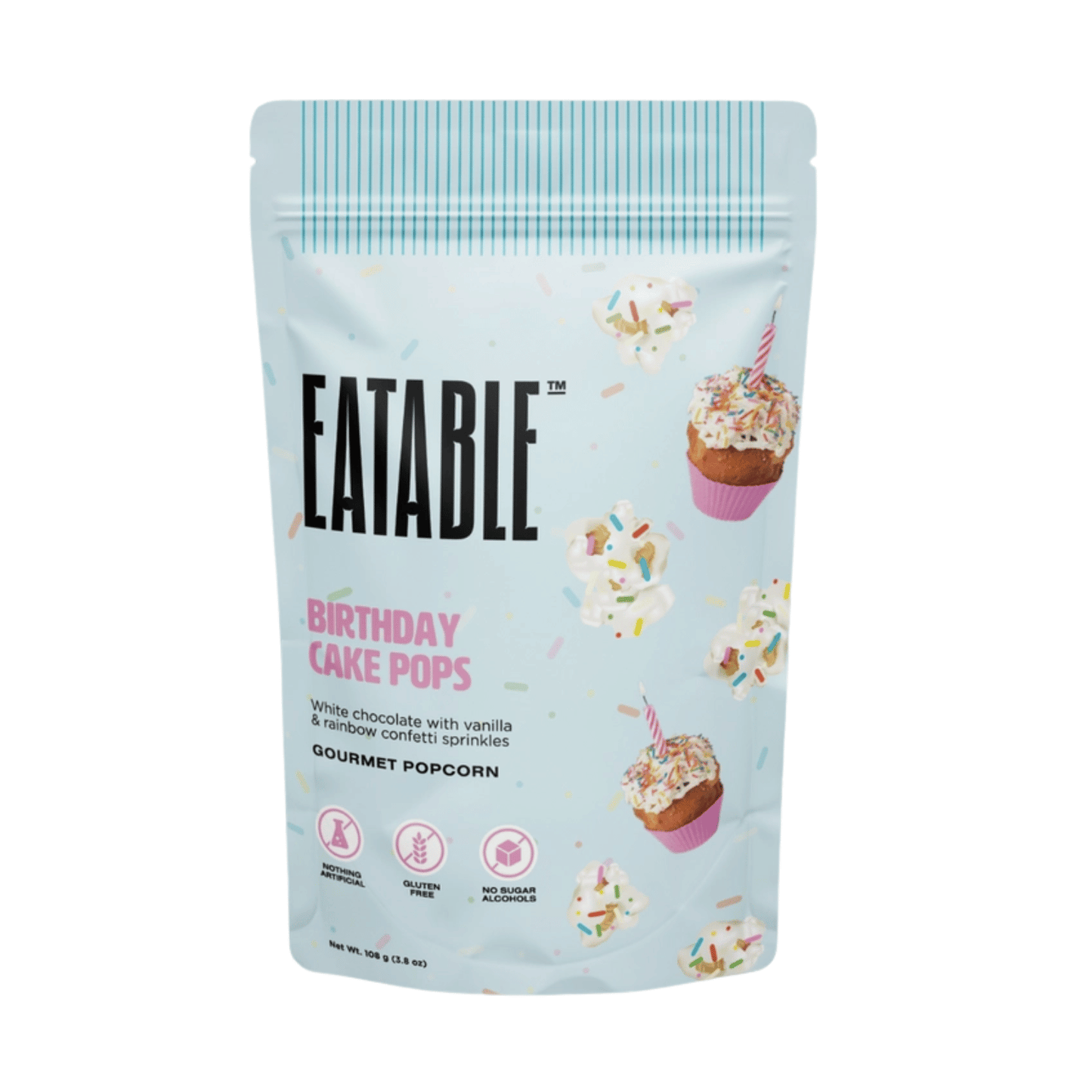 large bag of birthday cake gourmet popcorn with white chocolate and all natural sprinkles in a 4.4 oz pouch bag
