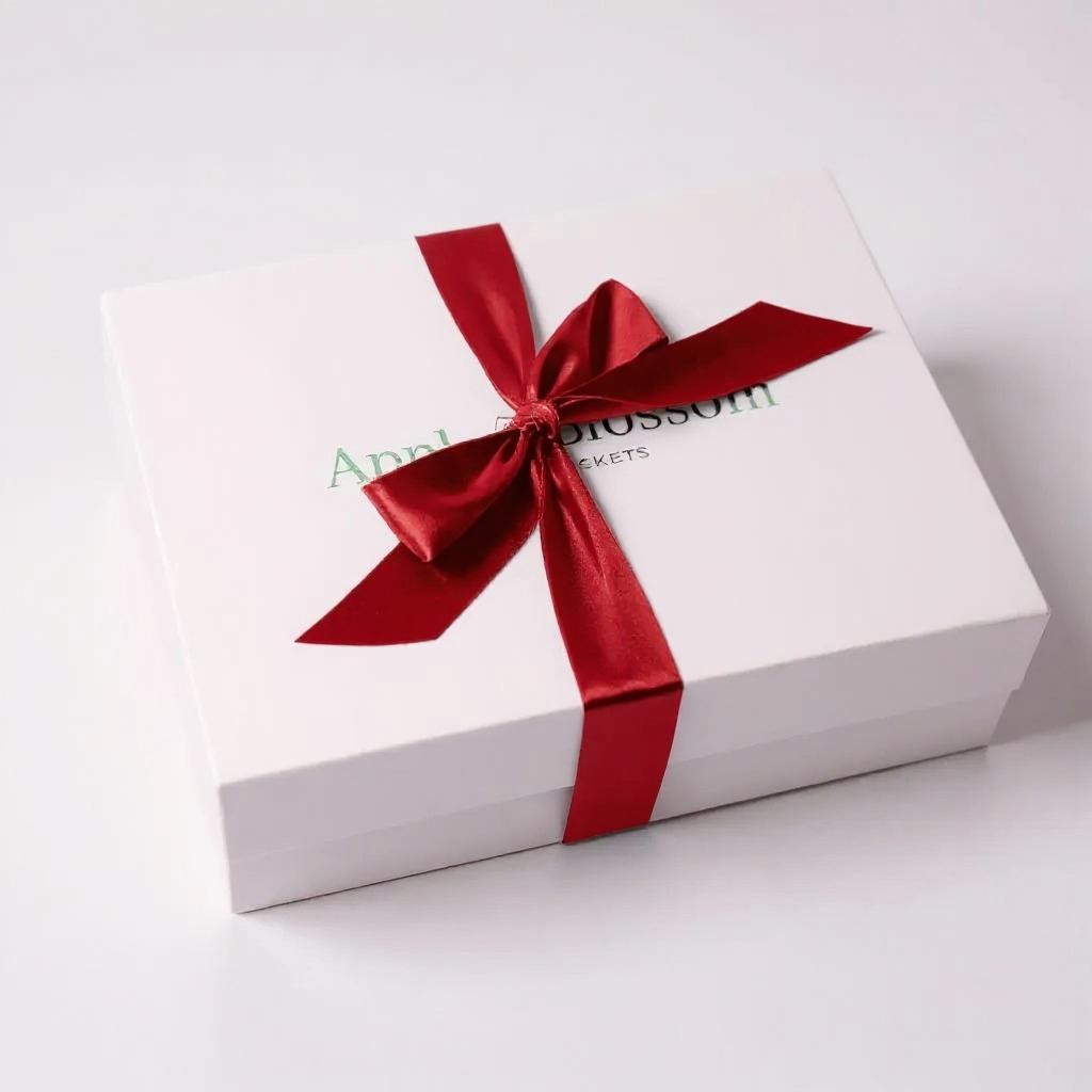 Movie night gift box elegantly wrapped in our signature box with a vibrant red satin bow, perfect for family nights or a couple’s cozy evening.
