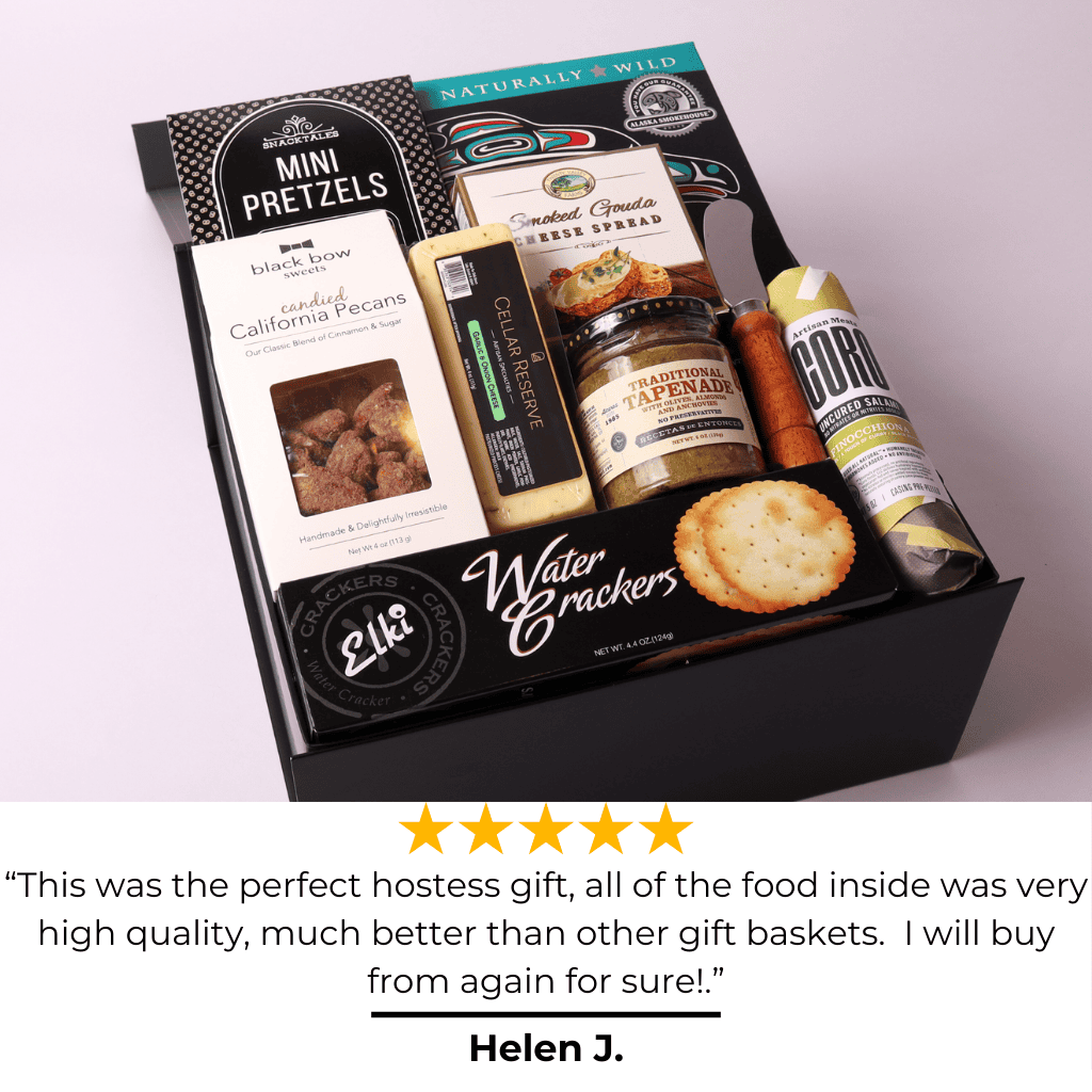 5 star review for our Luxury hostess charcuterie gift box, filled with savory treats like uncured salami, cheese, crackers, and tapenade. Ideal gourmet gift set for corporate gifts, holiday gift baskets, or client appreciation. All assembled in a black soft close signature gift box