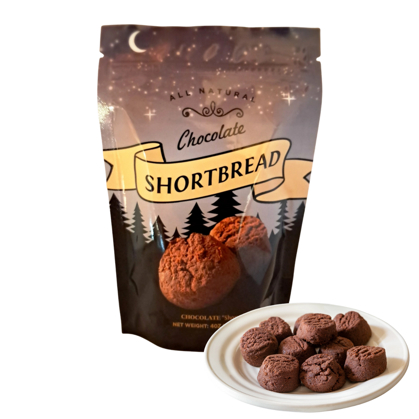 Bag of northwest expression chocolate shortbread cookies with a plate of cookies on a white background made in Washington