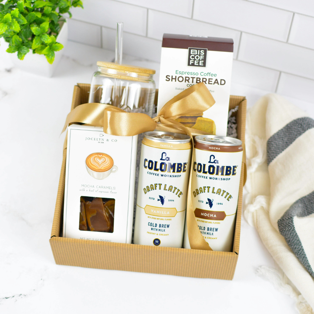 Cold brew and cookie coffee gift box with glass cup, bamboo lid, caramels, and Washington-made espresso shortbread cookies