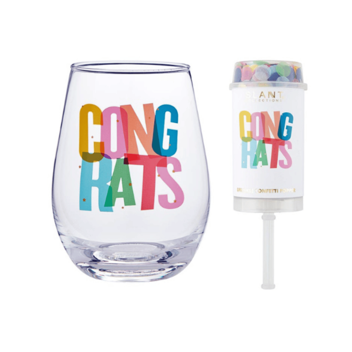 Congrats Wine Glass and party Popper gift set. Wine glass says "congrats" and the popper come with the glass and has a bow.