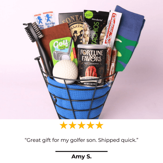 Golf gift basket with 5 star review that says "great gift for my golfer son. shipped quick"