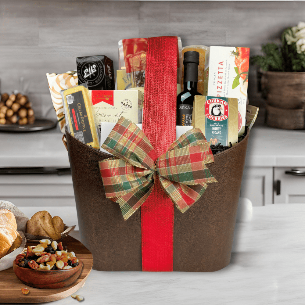 gourmet Italian themed gift basket with olive oil, French bread, pasta, cheese, crackers, wine and cookies made in WA