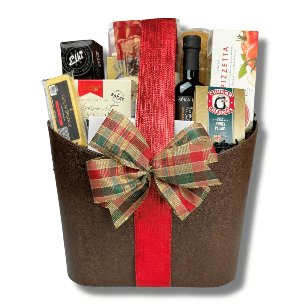 gourmet Italian themed gift basket with olive oil, French bread, pasta, cheese, crackers, wine and cookies made in WA