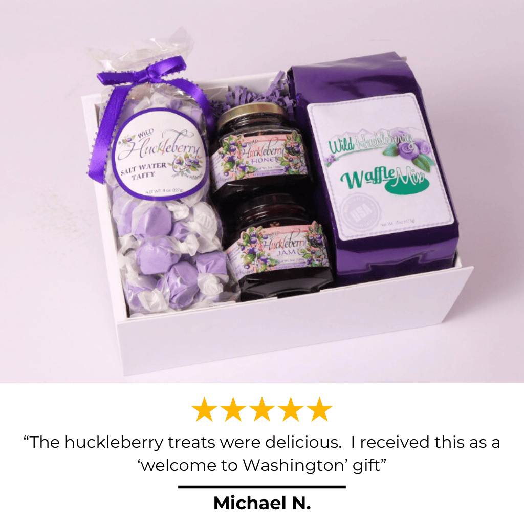5 star review of the Washington huckleberry gift set. The huckleberry treats were delicious. I received this as a welcome to Washington gift.