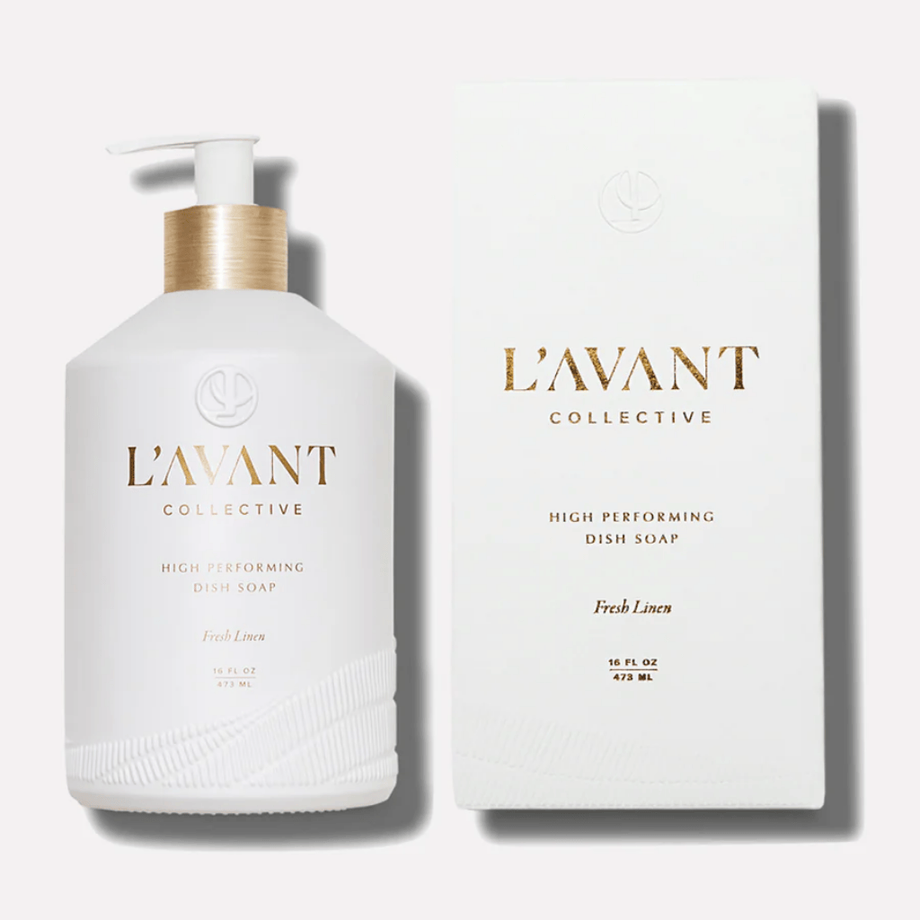 lavant plant based high performance dish soap in a frosted white glass 16 oz. reusable luxury bottle featuring gold lettering and high end look. Made in Seattle, WA