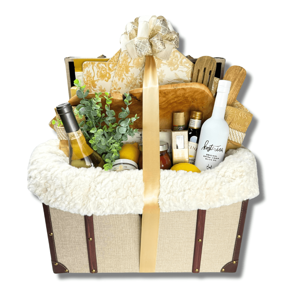 VIP housewarming custom gift basket. We designed this gift around high end kitchen and home gods along with loading with with dinner, gourmet snacks and wine made in WA.