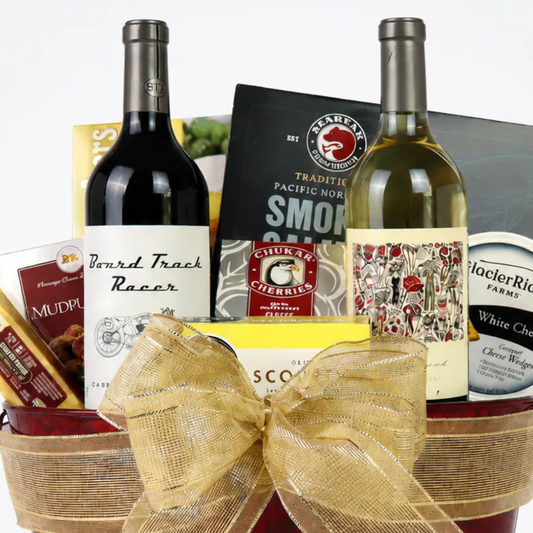 mark ryan corporate gift basket with 2 bottles of wine and gourmet snacks
