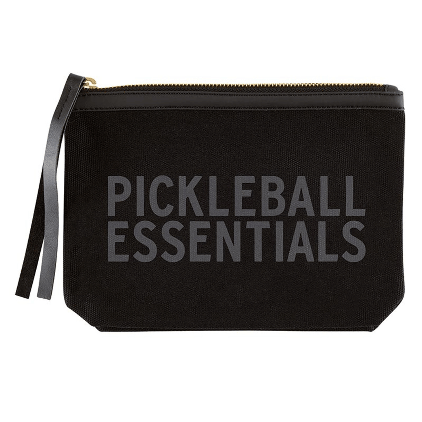 pickleball essentials black canvas zip bag with "pickleball essentials" written on the bag. black leather tassel on the zipper.