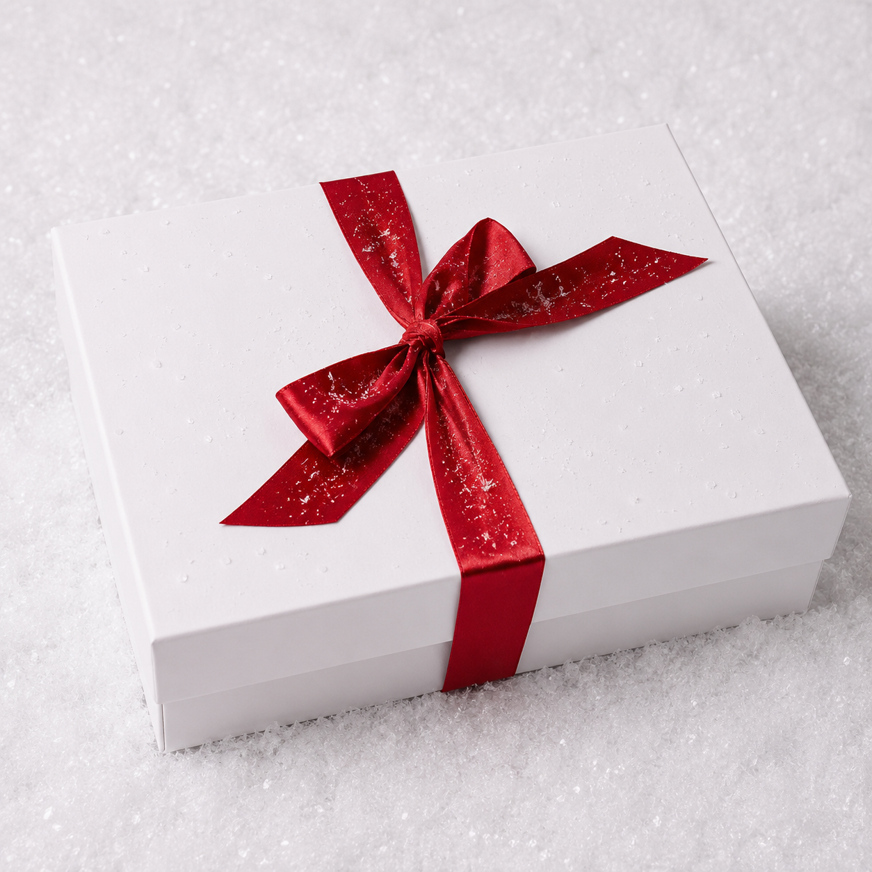 white gift box with red bow in snow