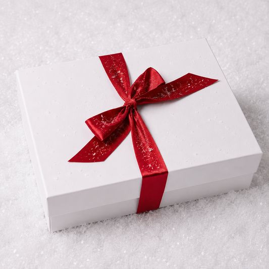 white gift box with red bow in snow
