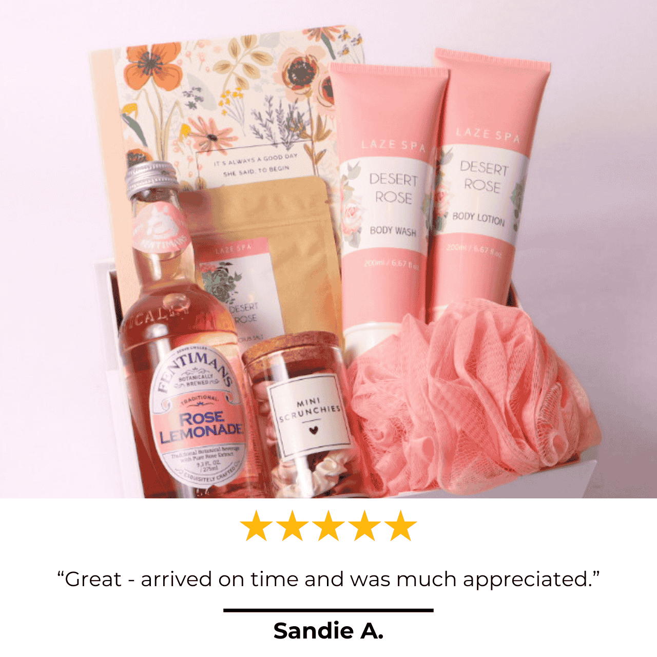 Rose Garden Gift Box with 5-Star Review – A beautifully curated gift box featuring luxury self-care items, showcased alongside a glowing 5-star review.