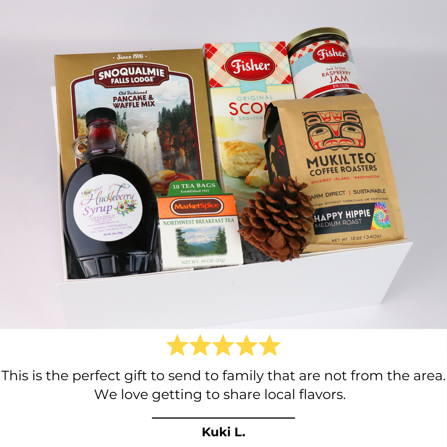 Seattle Breakfast Gift Box open display with pancake mix, jam, tea, hazelnut spread, roasted nuts, and woodsy kitchen towel – gourmet PNW breakfast gift
