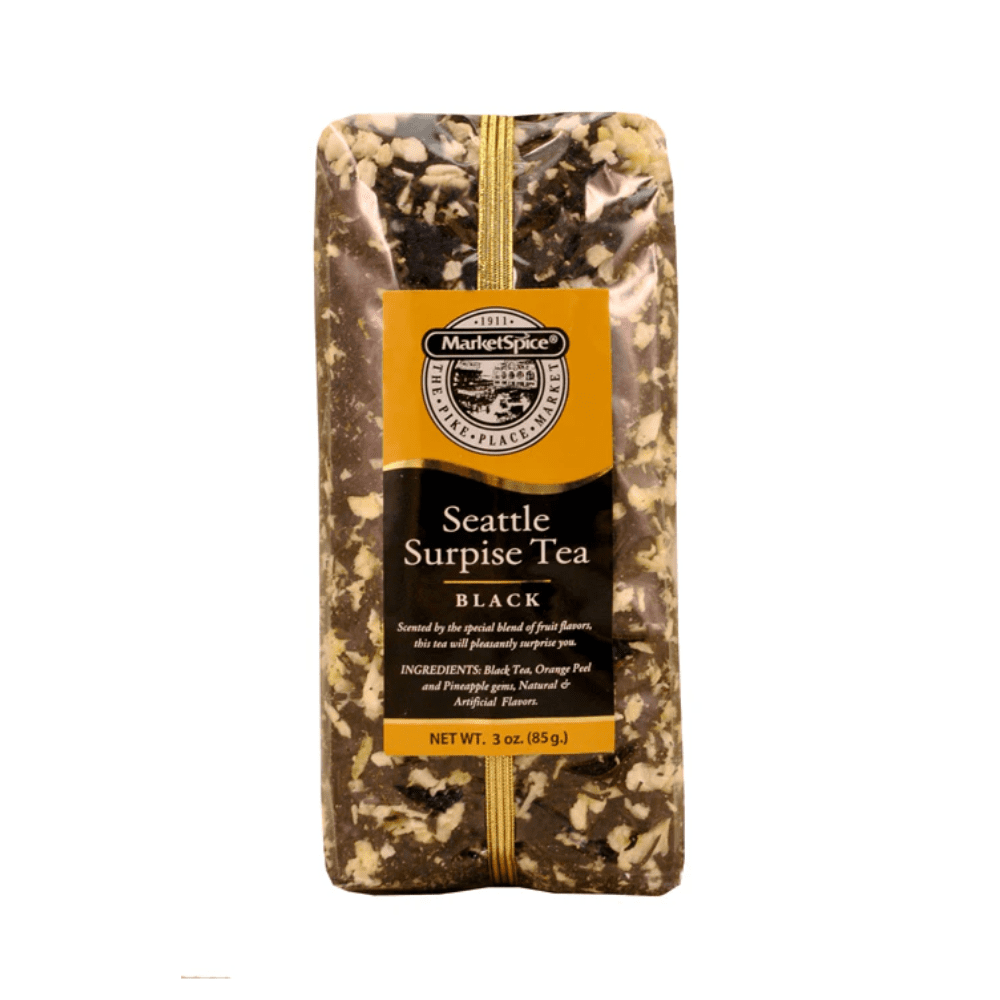 Seattle Surprise Loose Tea in a heat-sealed 3.5oz cellophane bag with a matching label and decorative ribbon. Scented by the special blend of fruit flavors, this tea will pleasantly surprise you. Made in Washington