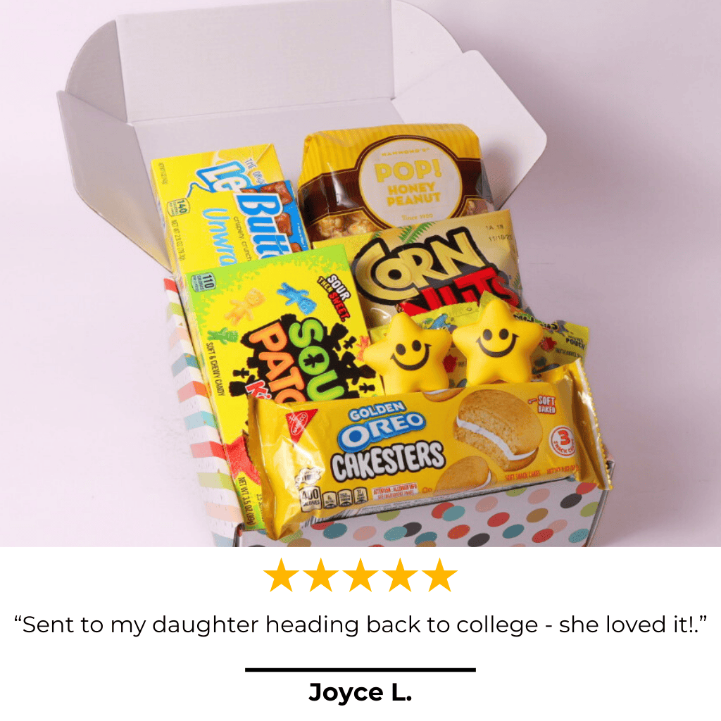 5-Star Review for Smiles and Sunshine Box – Customers love this bright and cheerful snack box! A top choice for birthdays, thank-you gifts, and care packages for any occasion.
