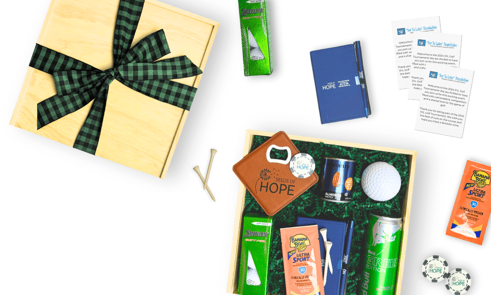 custom gift basket for VIP golf tournament golfers. The custom gift includes, drinks, snacks and branded swag.