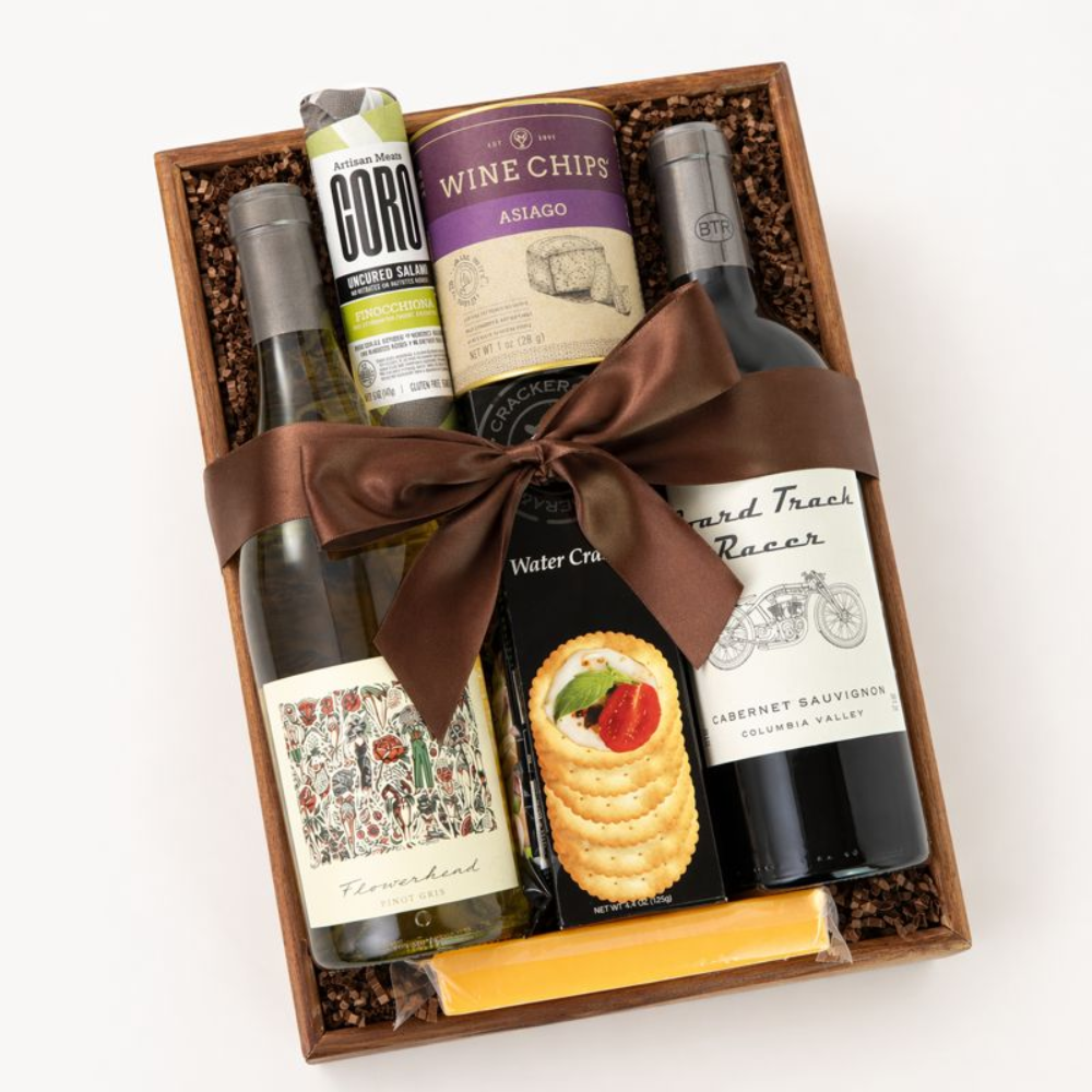 Washington Wine and Snack Tray featuring mark ryan cabernet sauvignon, pinot gris, blue cheese crackers, wine chips and more. Wrapped in a wooden crate with a satin bow.