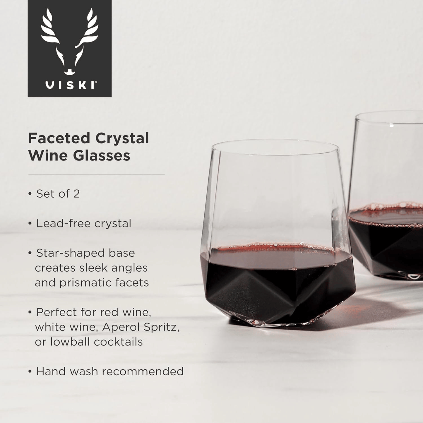 Crystal Wine Glasses by viski set of two stemless geometric shape. Trendy style perfect for a wine gift set.