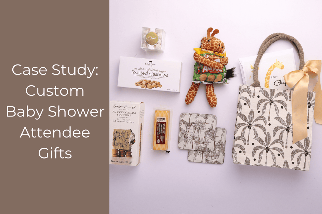 Safari baby shower favor bag with plush giraffe, snacks, and custom printed tote designed by Washington gifting company.