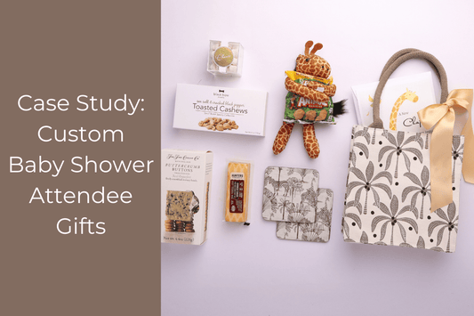 Safari baby shower favor bag with plush giraffe, snacks, and custom printed tote designed by Washington gifting company.