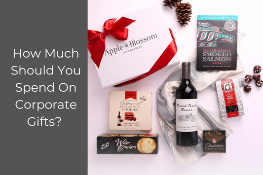 how much should you spend on corporate gifts? wine and smoked salmon gift box by Apple Blossom Gift Baskets