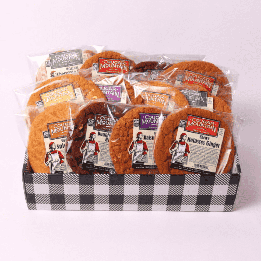 cougar mountain giant cookie tray makes the perfect budget friendly sympathy gift basket featuring local Pacific Northwest made soft cookies.