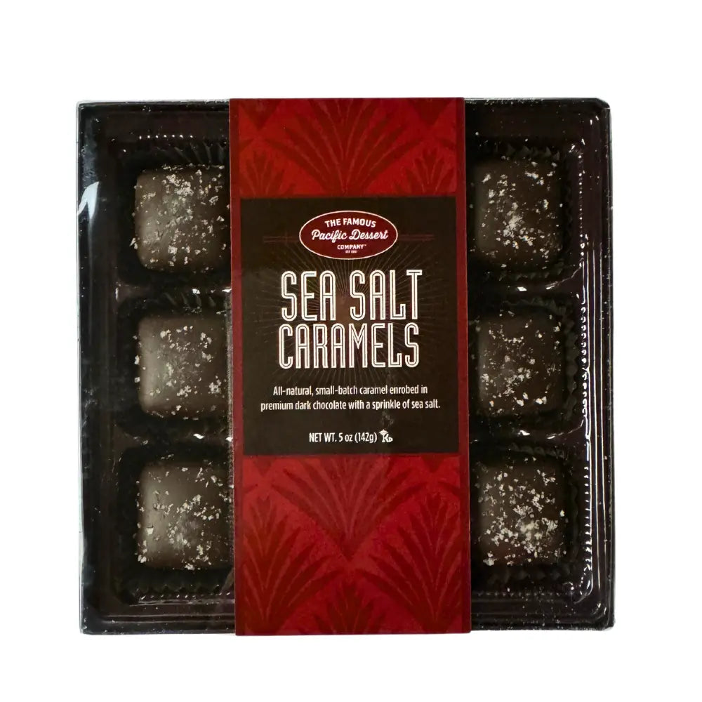 9pc Dark Chocolate Sea Salt Caramels handmade in Woodinville, WA.  These chocolates are absolutely amazing and the flaked sea salt on top is the perfect balance of sweet and salty