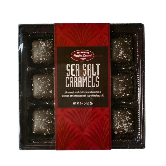 9pc Dark Chocolate Sea Salt Caramels handmade in Woodinville, WA.  These chocolates are absolutely amazing and the flaked sea salt on top is the perfect balance of sweet and salty
