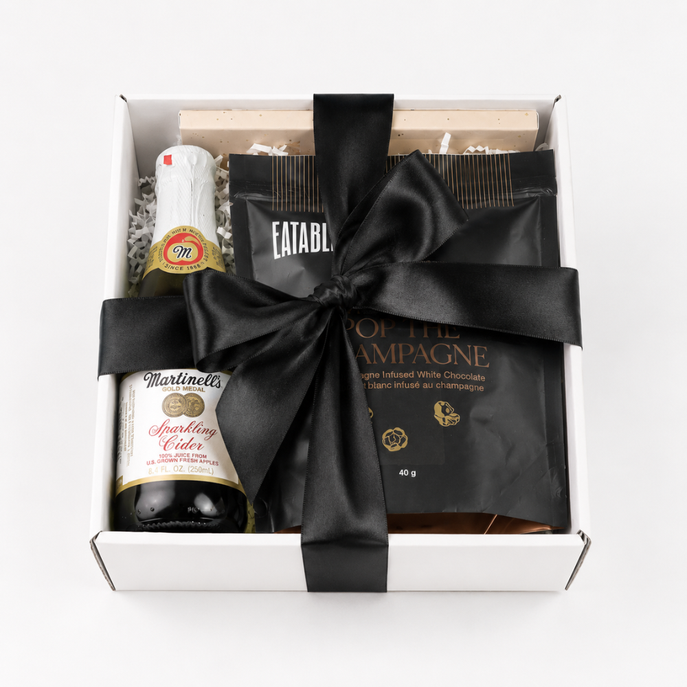 celebrate success with a client anniversary snack gift basket with chocolate and sparkling cider