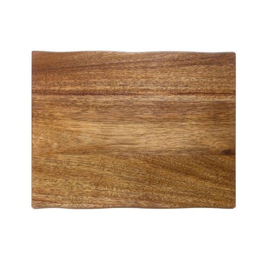 Acacia wood live edge charcuterie board with natural grain, rustic wooden serving board for cheese and appetizers.