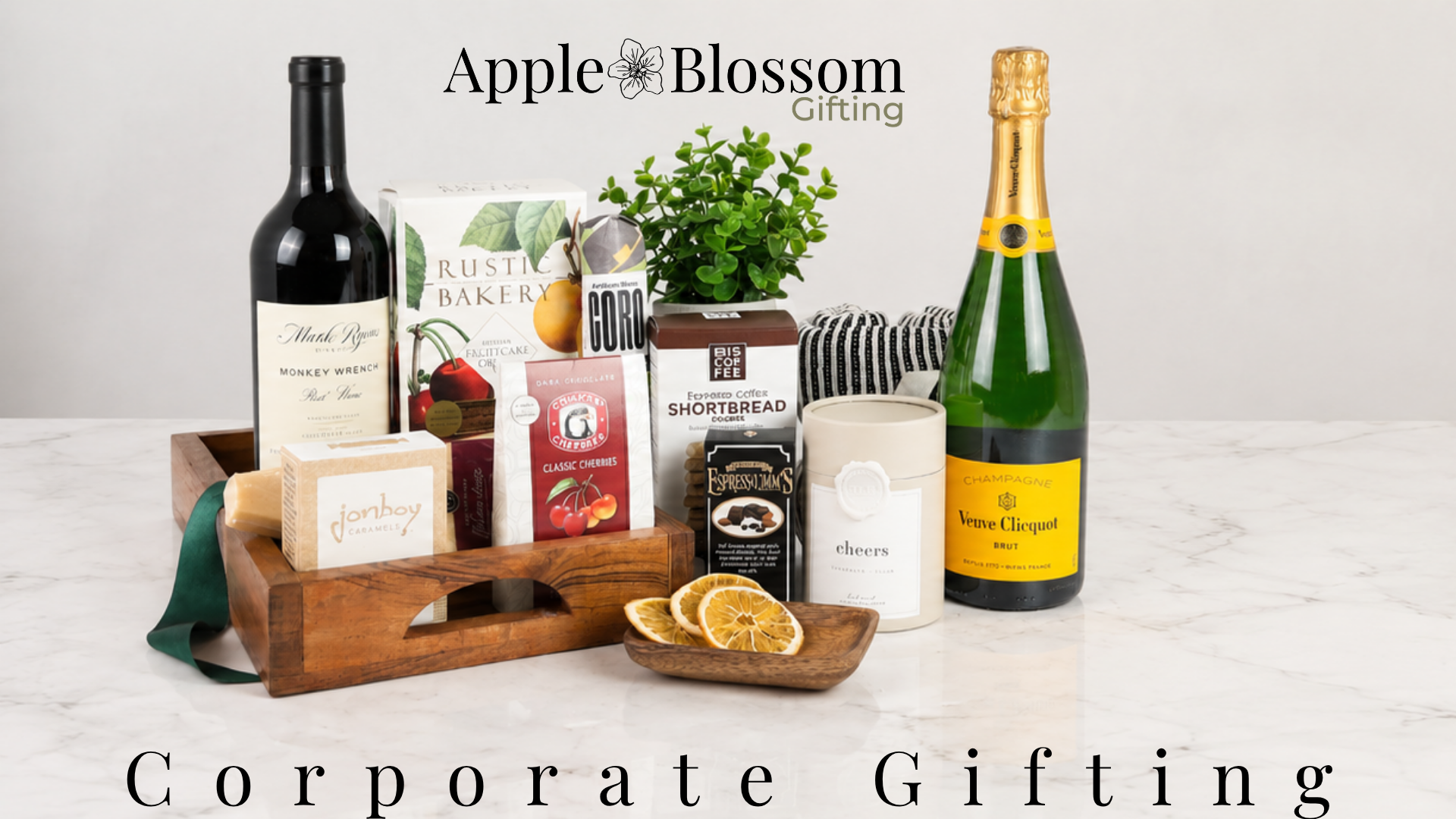 Load video: Luxury corporate gift baskets by Apple Blossom Gift Baskets featuring Pacific Northwest products, branded gifting options, and custom business gifts.