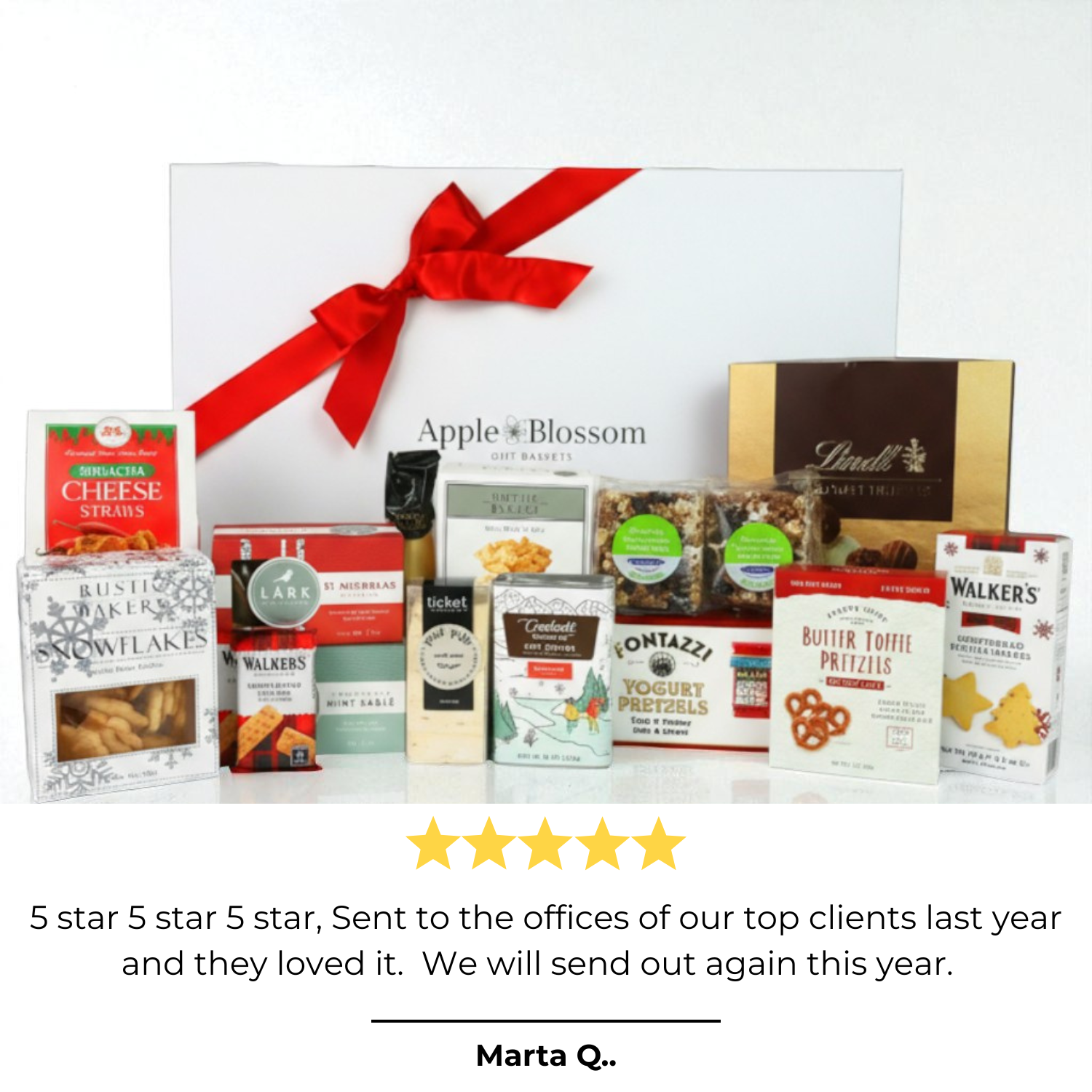 Christmas corporate snack gift box with chocolates, cocoa, marshmallows, cookies, pretzels, crackers, cheese straws and biscotti