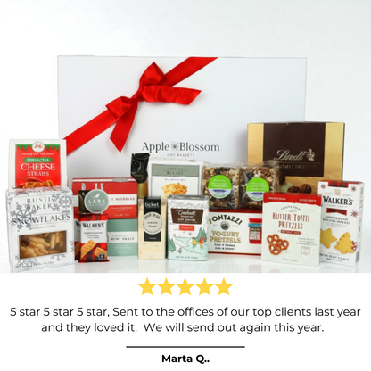Christmas corporate snack gift box with chocolates, cocoa, marshmallows, cookies, pretzels, crackers, cheese straws and biscotti