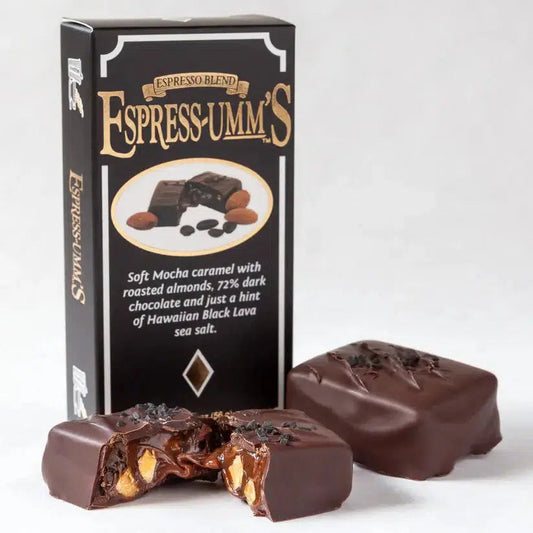 Espress-umm's Mocha Caramels from Apple Blossom Gift Baskets, featuring rich caramel candies infused with espresso and coated in smooth chocolate, packaged elegantly for a perfect gift
