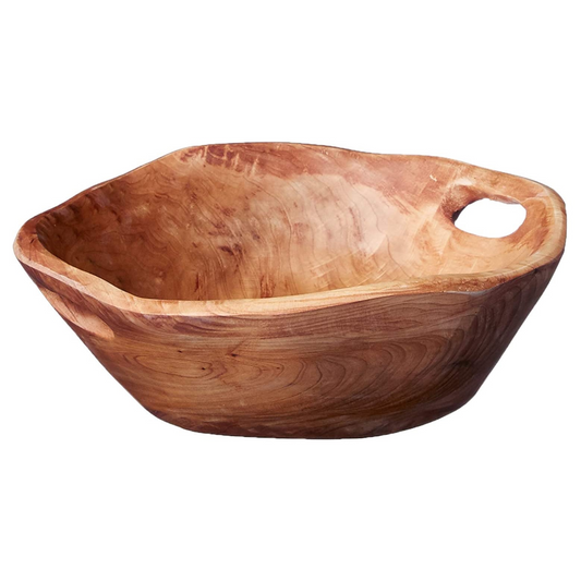 Medium hand-carved wooden bowl, 9–11" diameter, 3–5" tall. Made from reclaimed fir root with food-safe finish. Perfect for fruit, salad, bread, or as a gift basket container.