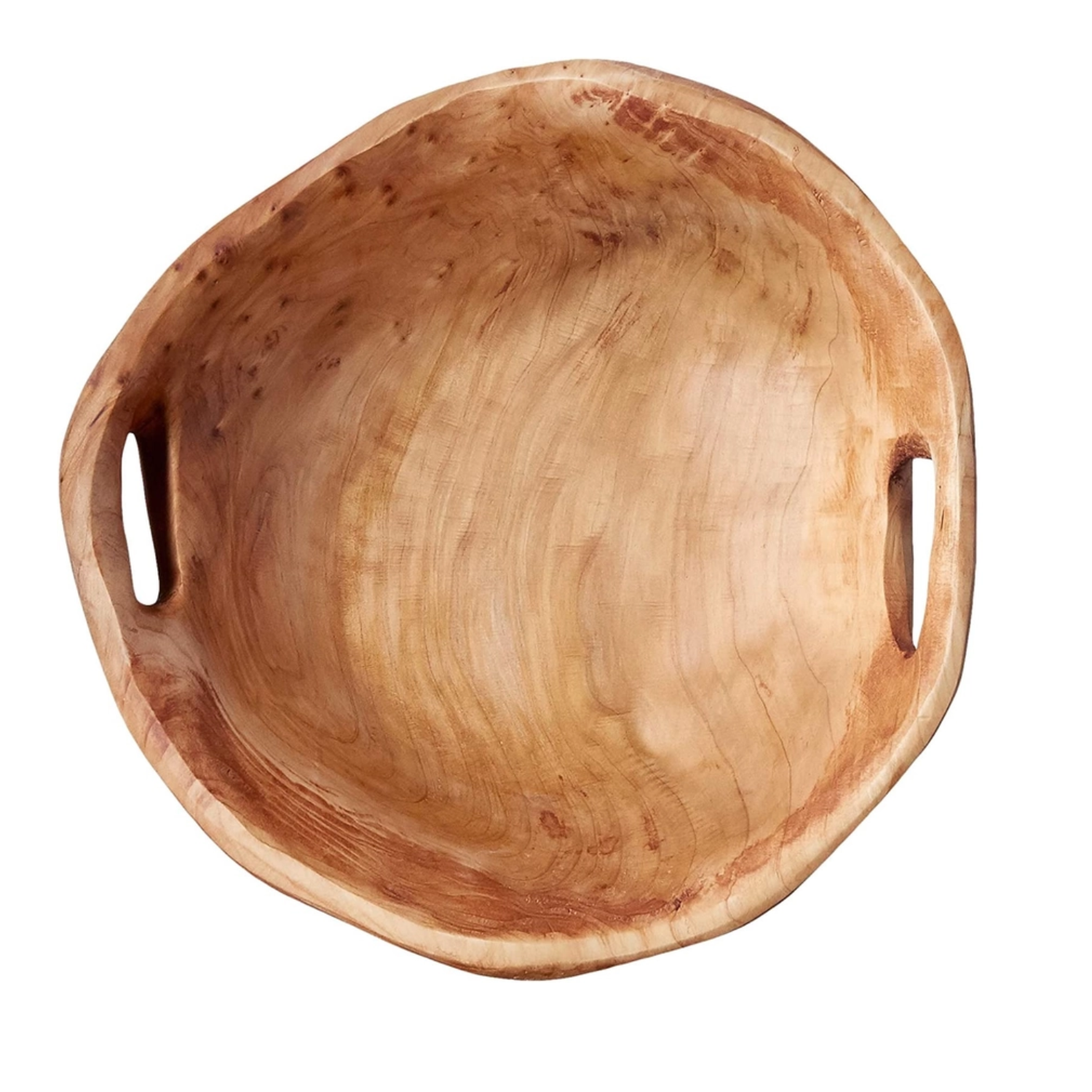 Medium hand-carved wooden bowl, 9–11" diameter, 3–5" tall. Made from reclaimed fir root with food-safe finish. Perfect for fruit, salad, bread, or as a gift basket container.