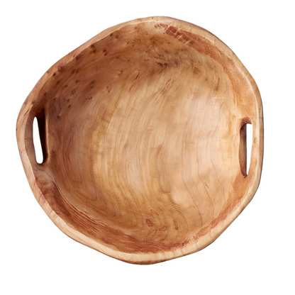 Medium hand-carved wooden bowl, 9–11" diameter, 3–5" tall. Made from reclaimed fir root with food-safe finish. Perfect for fruit, salad, bread, or as a gift basket container.