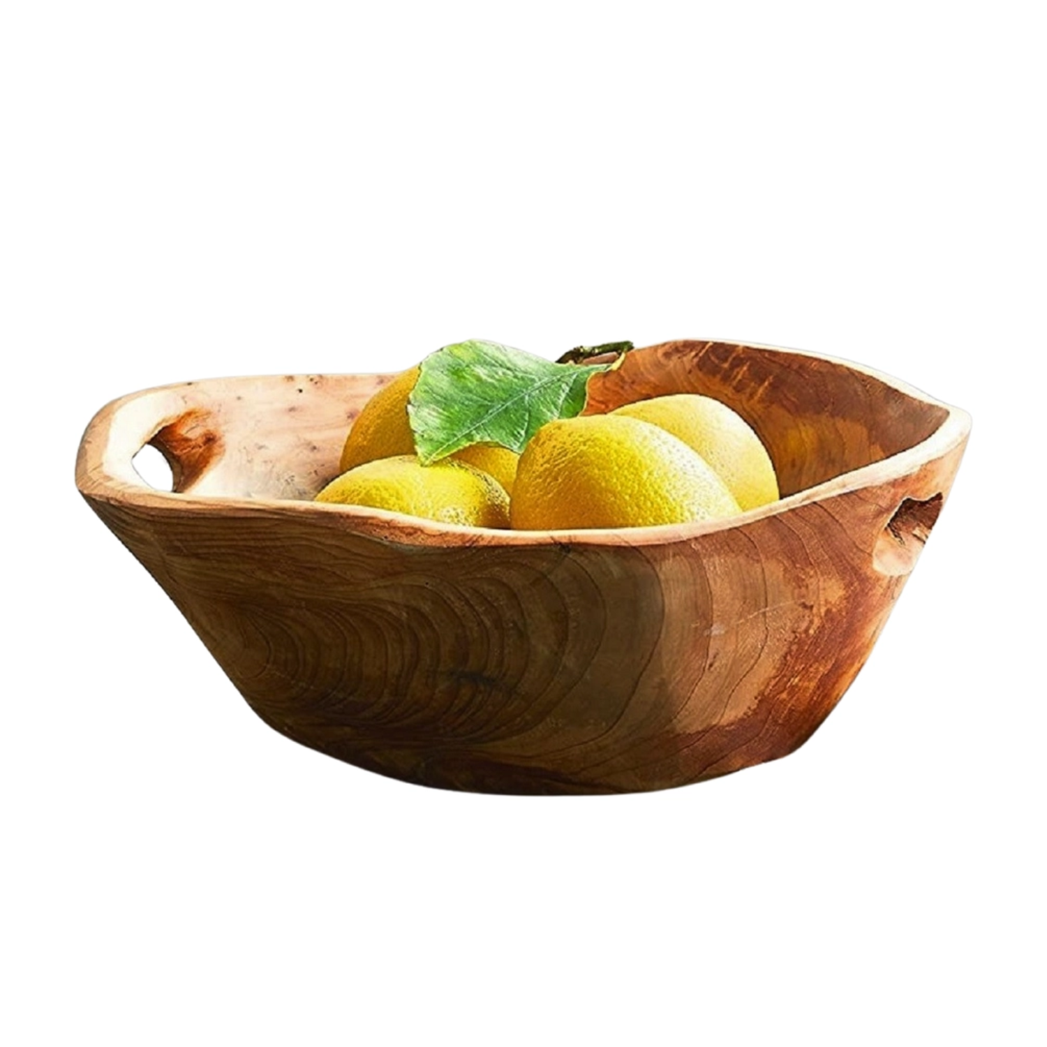 Medium hand-carved wooden bowl, 9–11" diameter, 3–5" tall. Made from reclaimed fir root with food-safe finish. Perfect for fruit, salad, bread, or as a gift basket container.