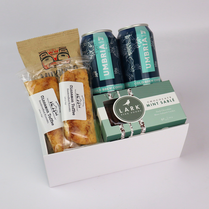 holiday cold brew gift box featuring Seattle made coffee and Pacific Northwest biscotti.  The perfect team gift