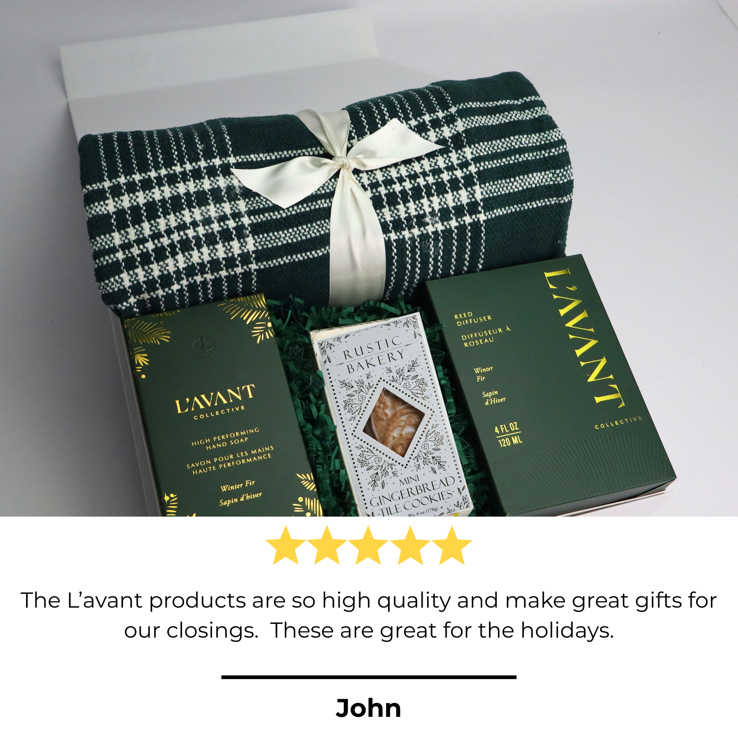 home for the holidays gift box perfect for holiday closing gifts or employee appreciation features lavant winter fir hand soap and diffuser.  The white luxury gift box also includes a gren plaid 50x60 throw blanket and gingerbread glazed tile cookies