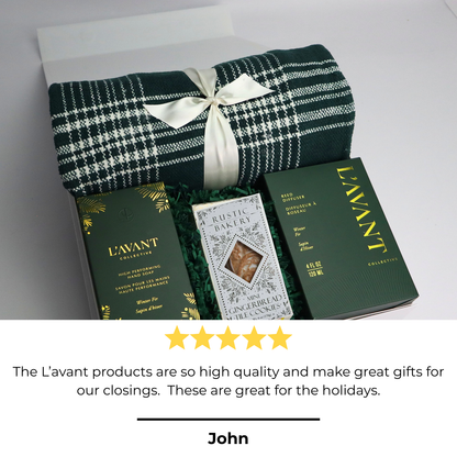 home for the holidays gift box perfect for holiday closing gifts or employee appreciation features lavant winter fir hand soap and diffuser.  The white luxury gift box also includes a gren plaid 50x60 throw blanket and gingerbread glazed tile cookies