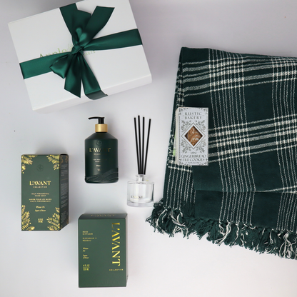 Curated non-food holiday gift box for employees or couples with cozy plaid throw and fragrant diffuser — perfect Seattle gift basket for the holidays.