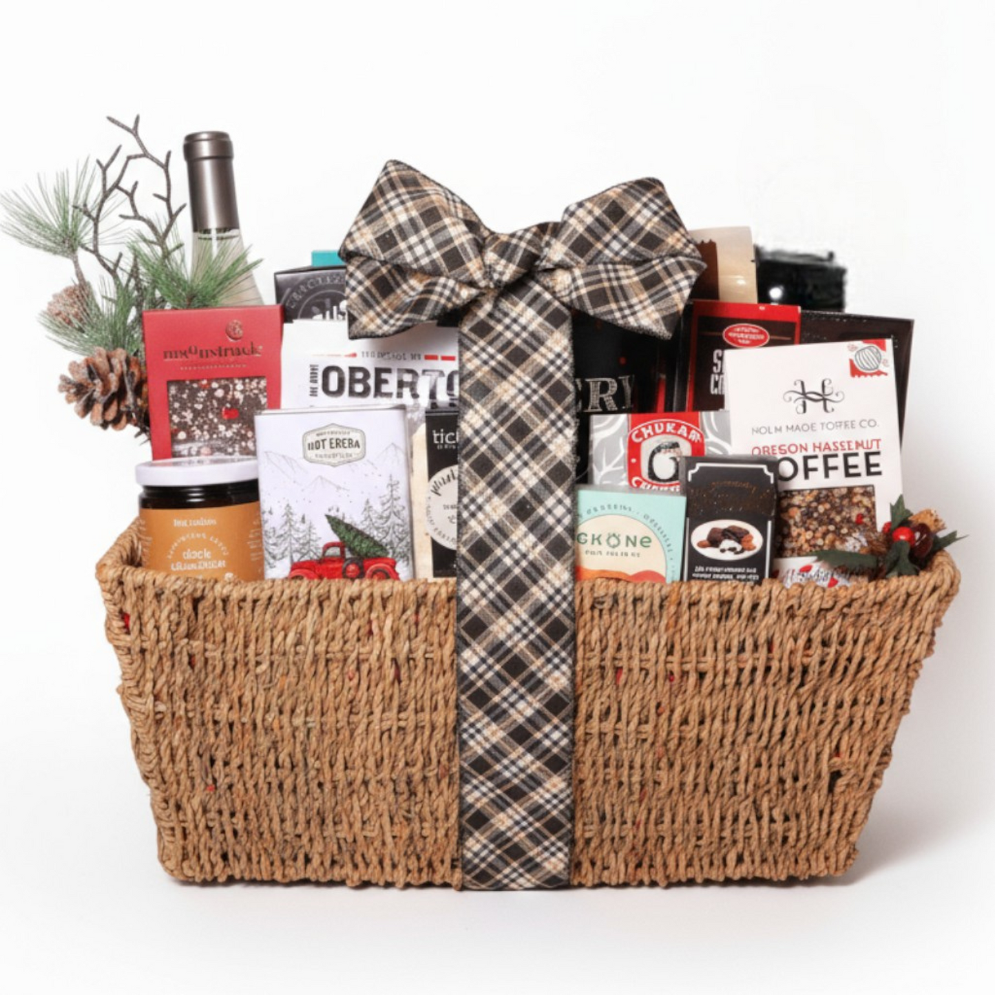 Seattle wine gift basket with smoked salmon, cheese, crackers and chocolates made in Washington